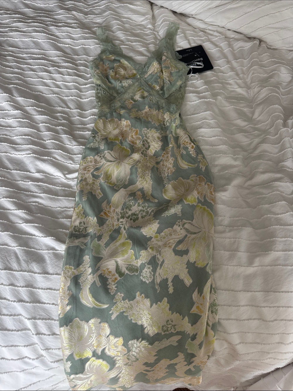 Beautiful Sage Green Floral Lace-Trim Midi Dress